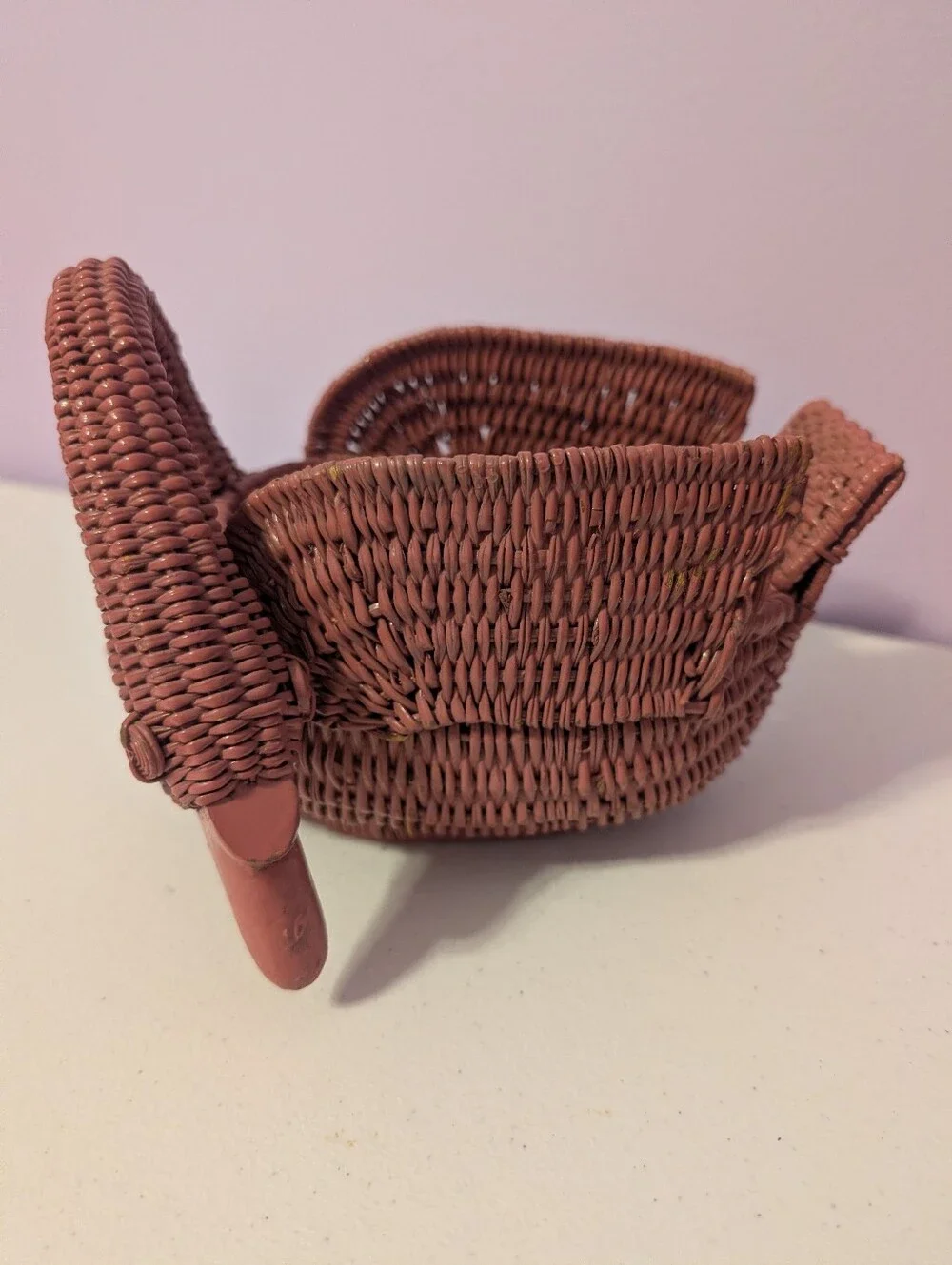 Pink Vintage Wicker Rattan Woven Duck/Goose/Swan Basket Cottagecore Grannycore